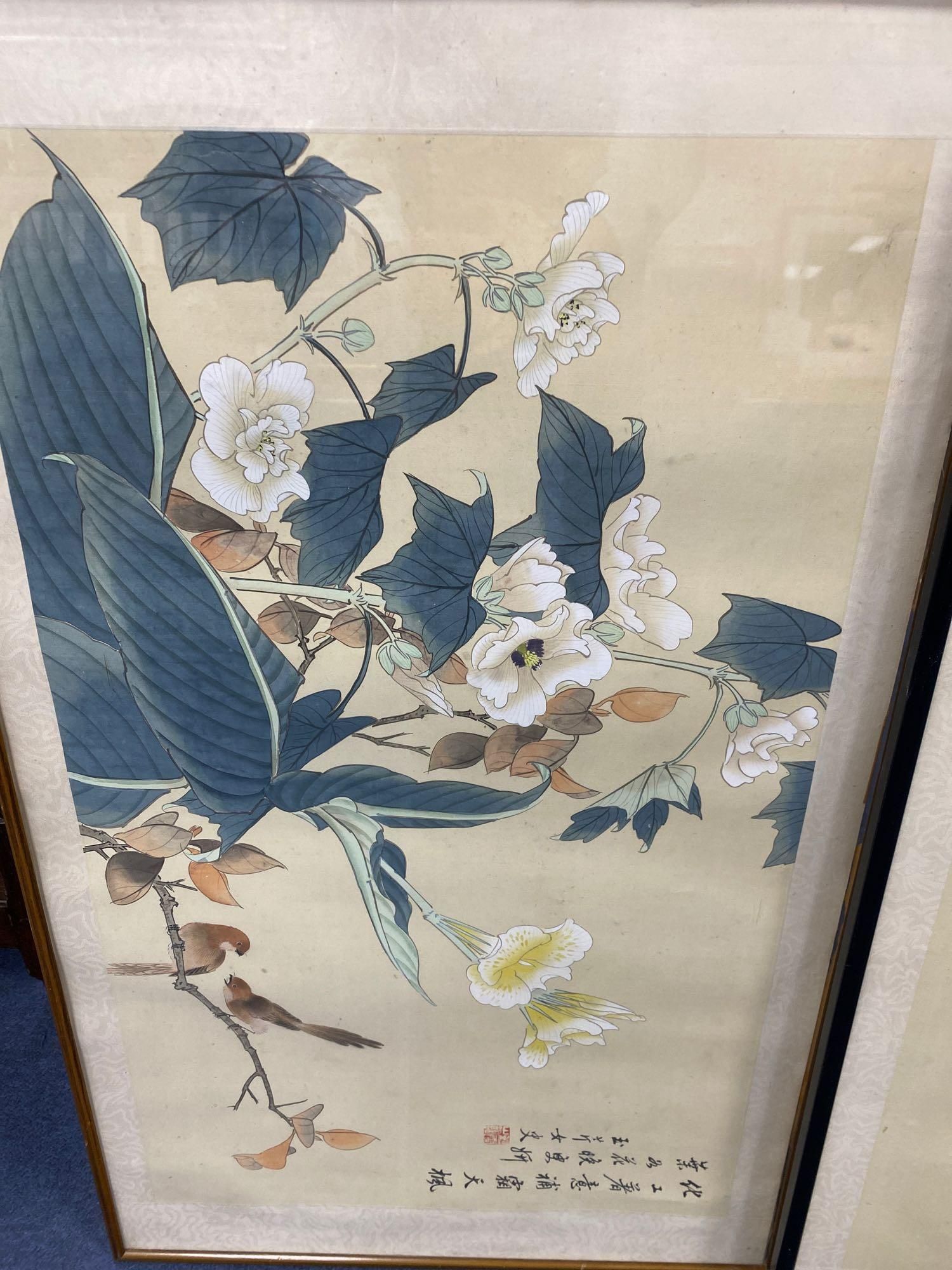 Two Chinese gouaches on silk, birds and blossom, signed, 40 x 67cm.